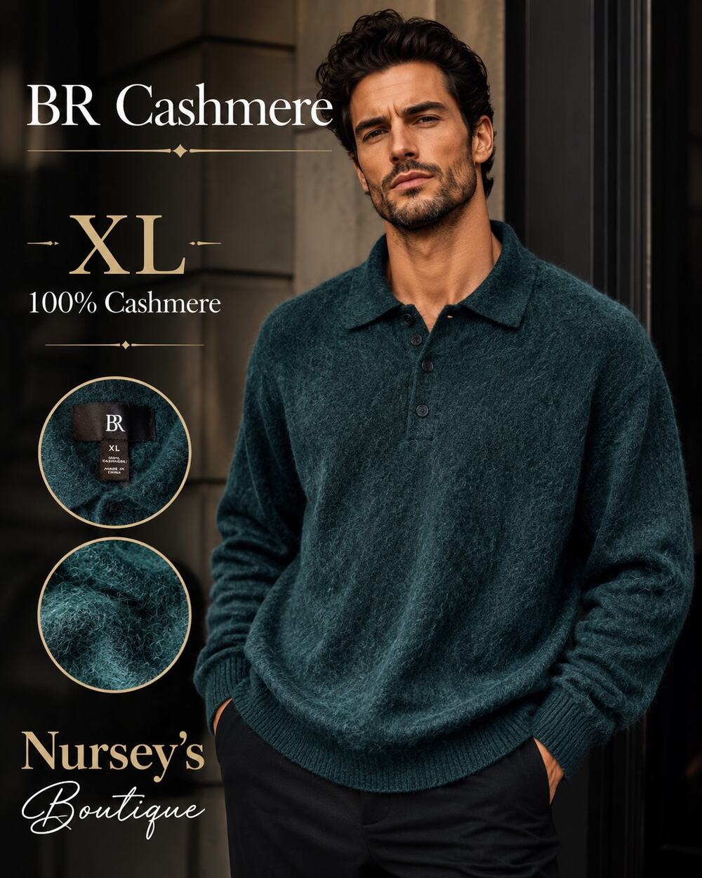 BR 100% Cashmere Polo Sweater XL Dark Teal Fuzzy NWT